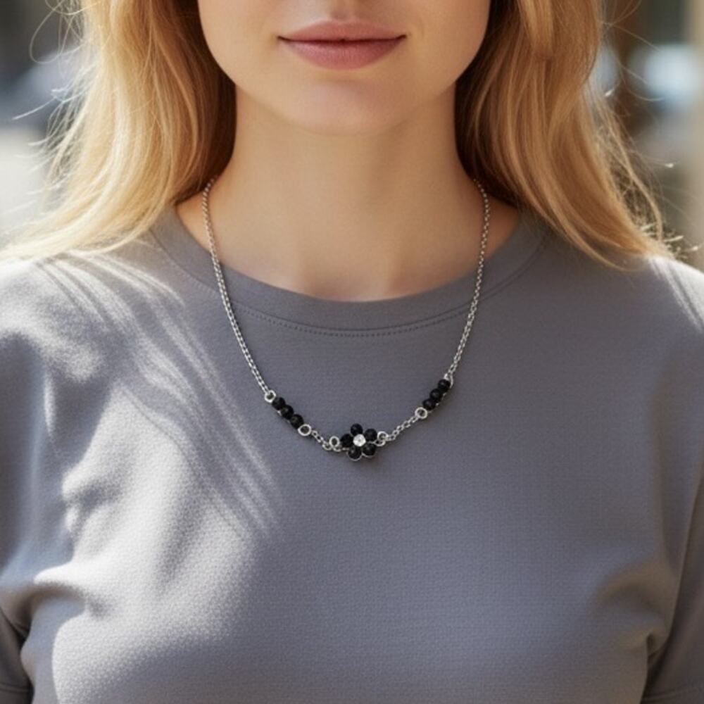 3/$25 - Black Beaded Flower Pendant Necklace Rhinestone Center